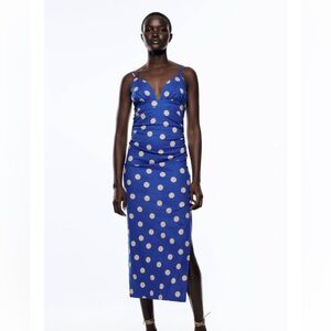 Zara linen blend Blue Polka Dot Dress, S